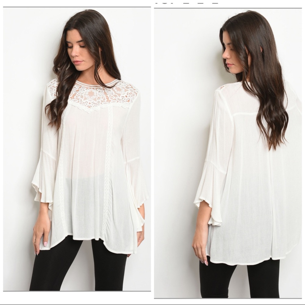 Long sleeve lace detail ruffled tunic blouse